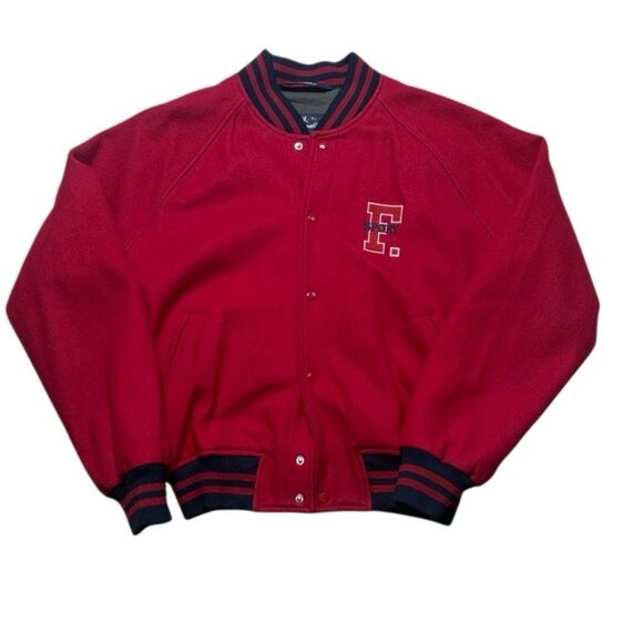 90s Vintage Faconnable Red Wool Bomber Jacket Medium Letterman Style - Picture 1 of 8